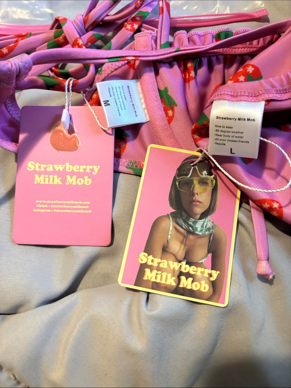 Strawberry Milk Mob Pink Strawberry Print Tie Bikini - Picture 4 of 5